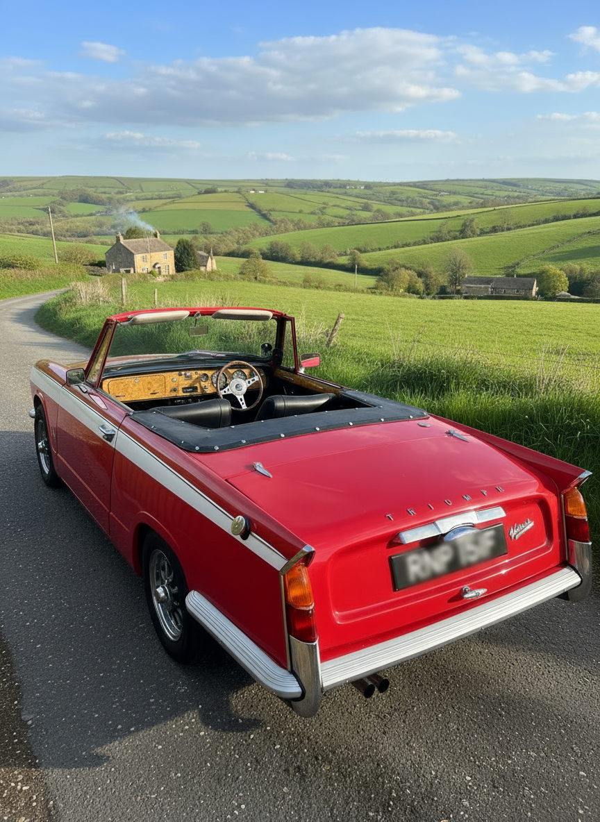Rough stone brick road, red vintage convertible and sedan roadster parked on it, suburban homes as background